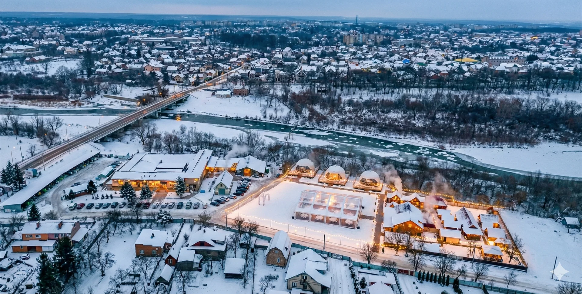 Зимовий курорт і спа на продаж біля річки Прут в сутінках, Івано-Франківська область